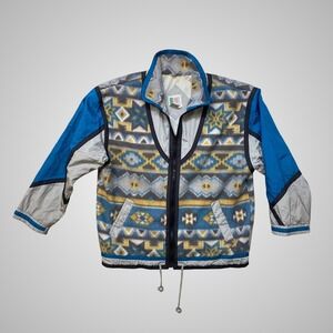 Vintage Bold Spirit Southwestern Fleece Nylon Mix Jacket Blue Grey Yellow Mens M
